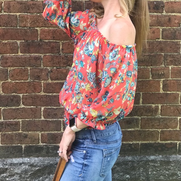 Threadzwear Tops - Floral Coral Off Shoulder Top